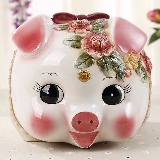 方亚 欧式招财进宝玫瑰小猪存钱筒陶瓷储蓄罐摆设新居礼品工艺品