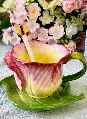 方亚釉下彩粉郁金香陶瓷杯盘组咖啡杯茶杯水杯花茶杯配勺闺蜜送礼