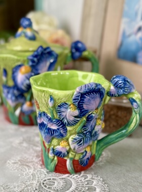方亚釉下彩鸢尾花陶瓷马克杯茶杯水杯咖啡杯Mug 16oz Van Gogh