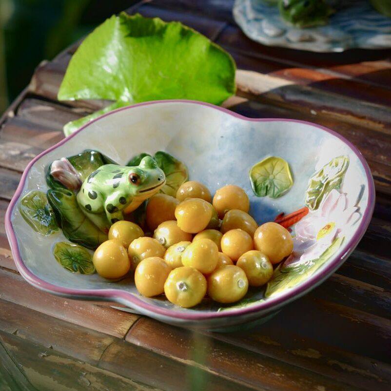促销方亚釉下彩青蛙陶瓷糖果盘钥匙盘水果盘点心沙拉盘零食盘礼品