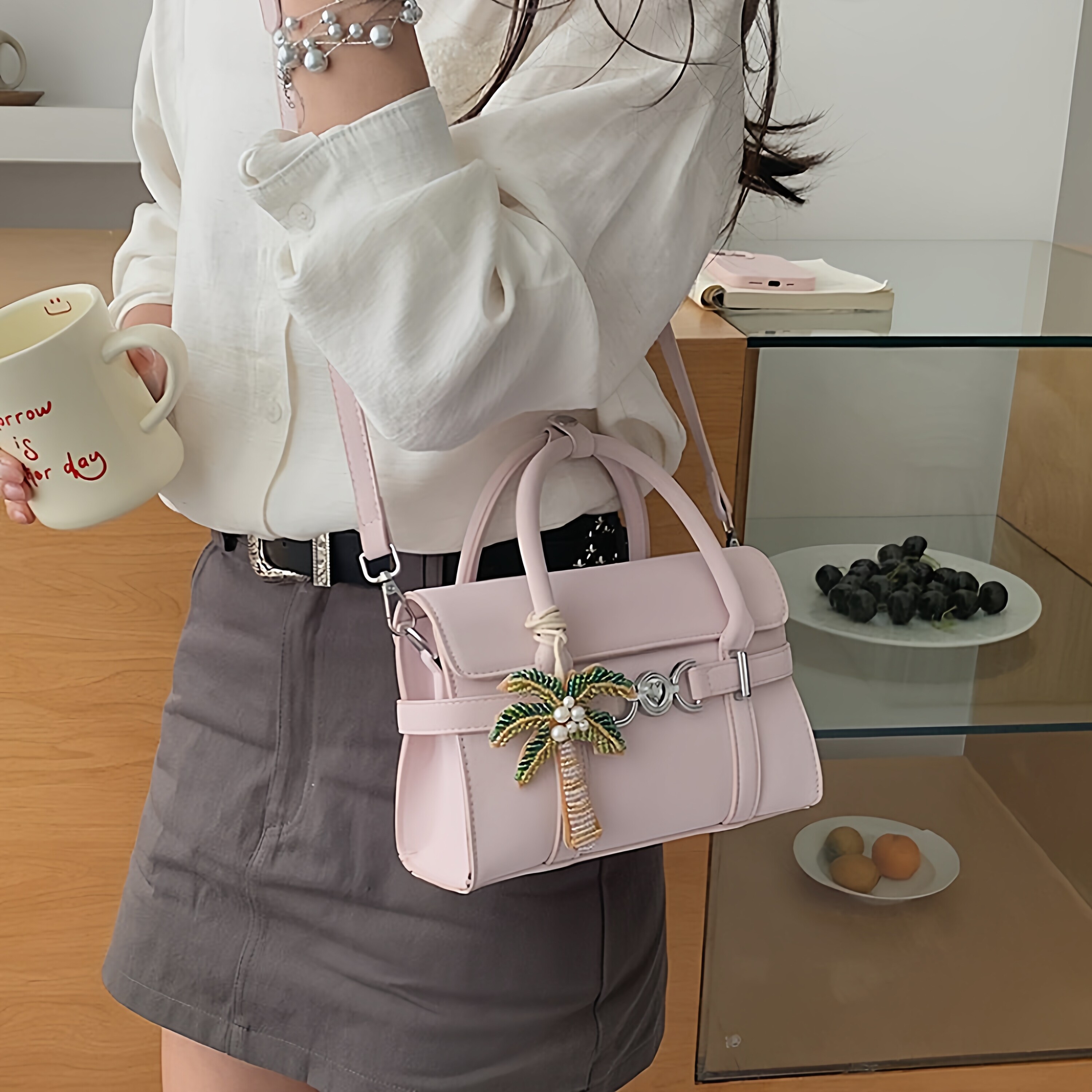 清新马卡龙色手提包女 2026新款小众设计 椰树挂件单肩斜挎小方包