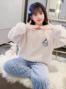 冬季珊瑚绒中大童睡衣宽松刺绣保暖儿童家居服法兰绒女童睡衣套装