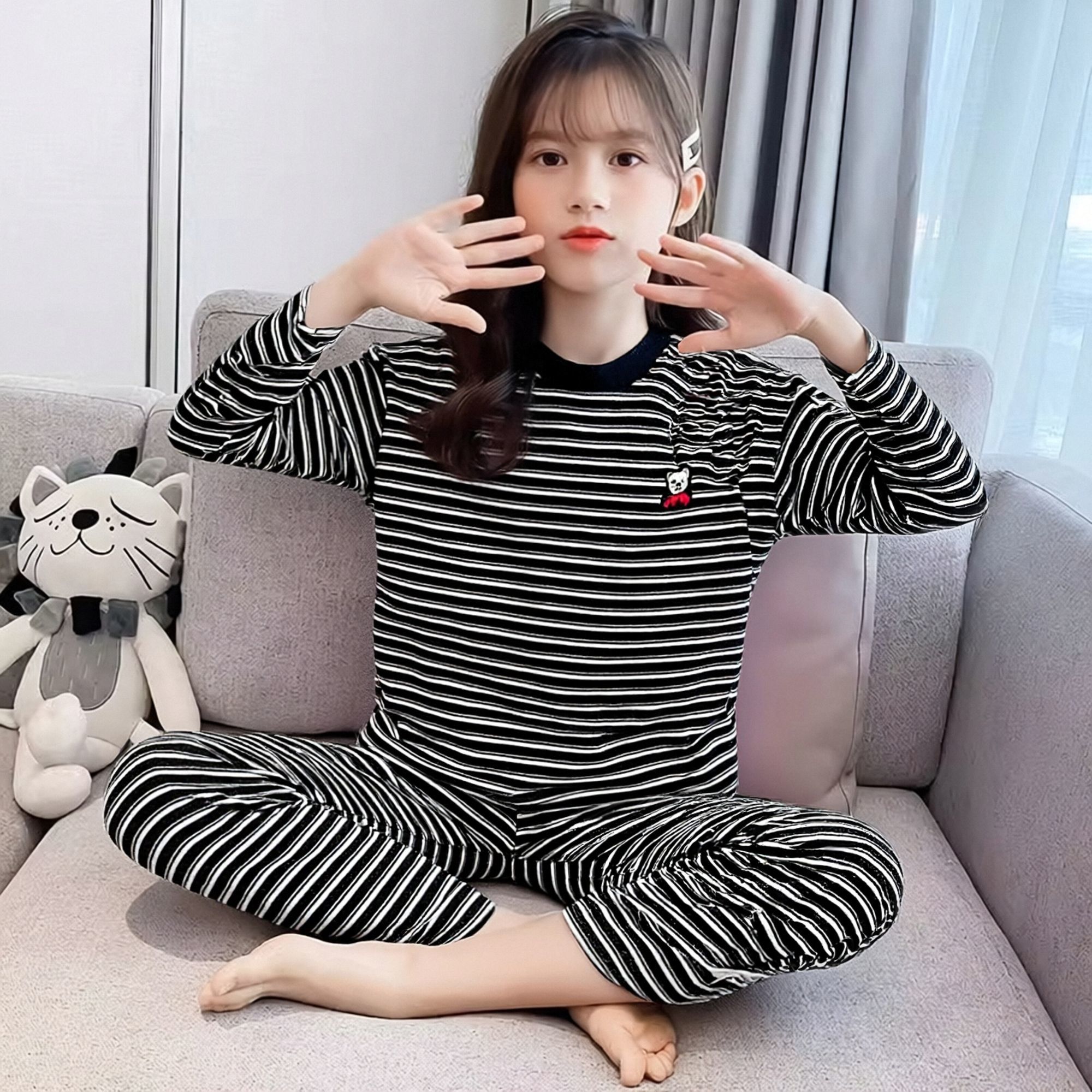 儿童套装加厚休闲秋冬睡衣保暖中大童条纹长袖德绒睡衣女童家居服
