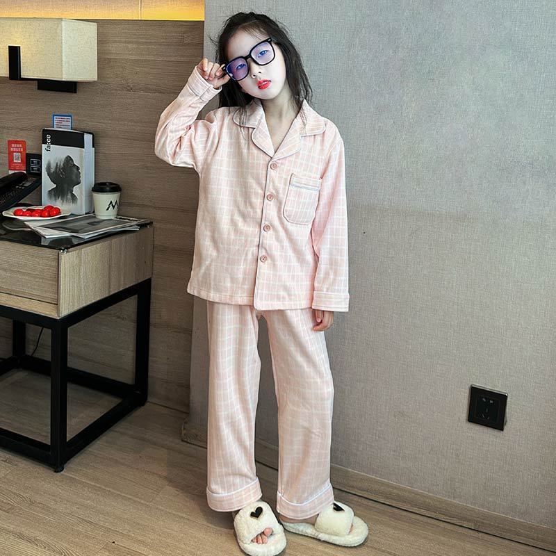 2025儿童德绒磨毛长袖秋冬长裤睡衣套装翻领格子女孩中大童家居服