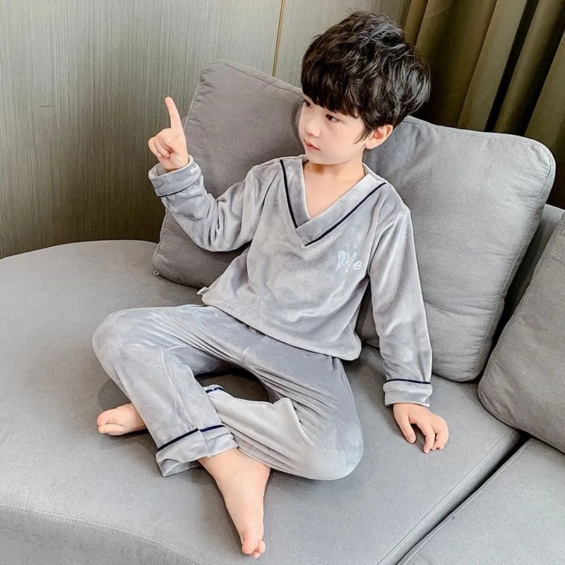 儿童金丝绒睡衣秋冬季新款双面德绒长袖男童家居服保暖大童居家服