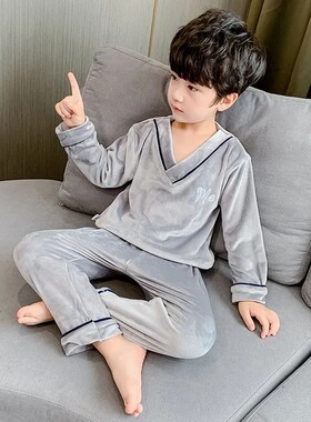 儿童金丝绒睡衣秋冬季新款双面德绒长袖男童家居服保暖大童居家服