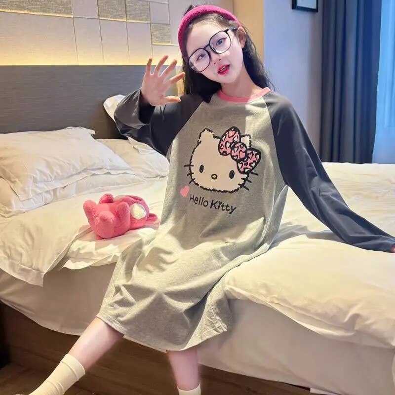 可爱春秋款套头女孩睡裙纯棉长袖宽松新款女童睡裙全棉中大童睡衣