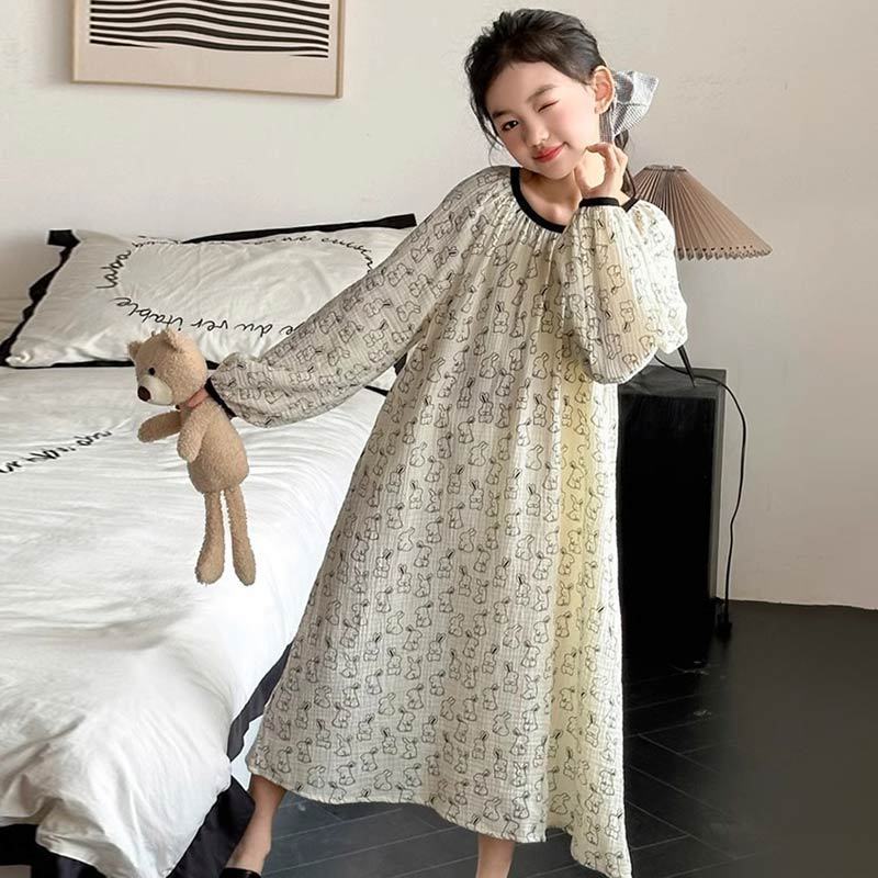 春秋款小女孩睡裙新款韩版长袖女童睡裙宽松儿童睡衣中大童女裙子