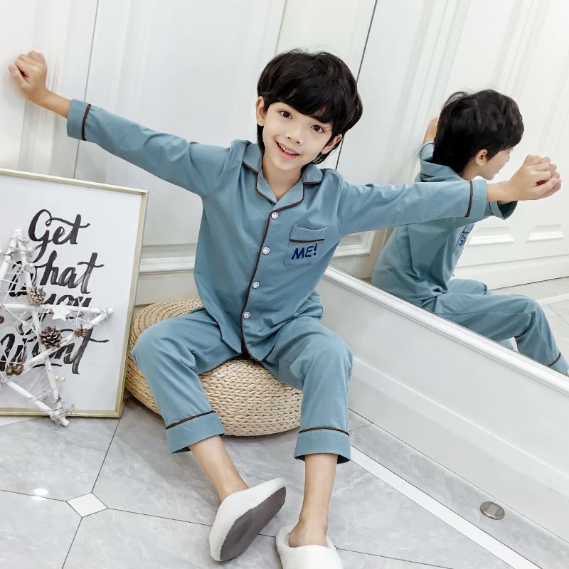 男孩春秋季新款韩版翻领长袖男童睡衣套装儿童家居服中大童空调服