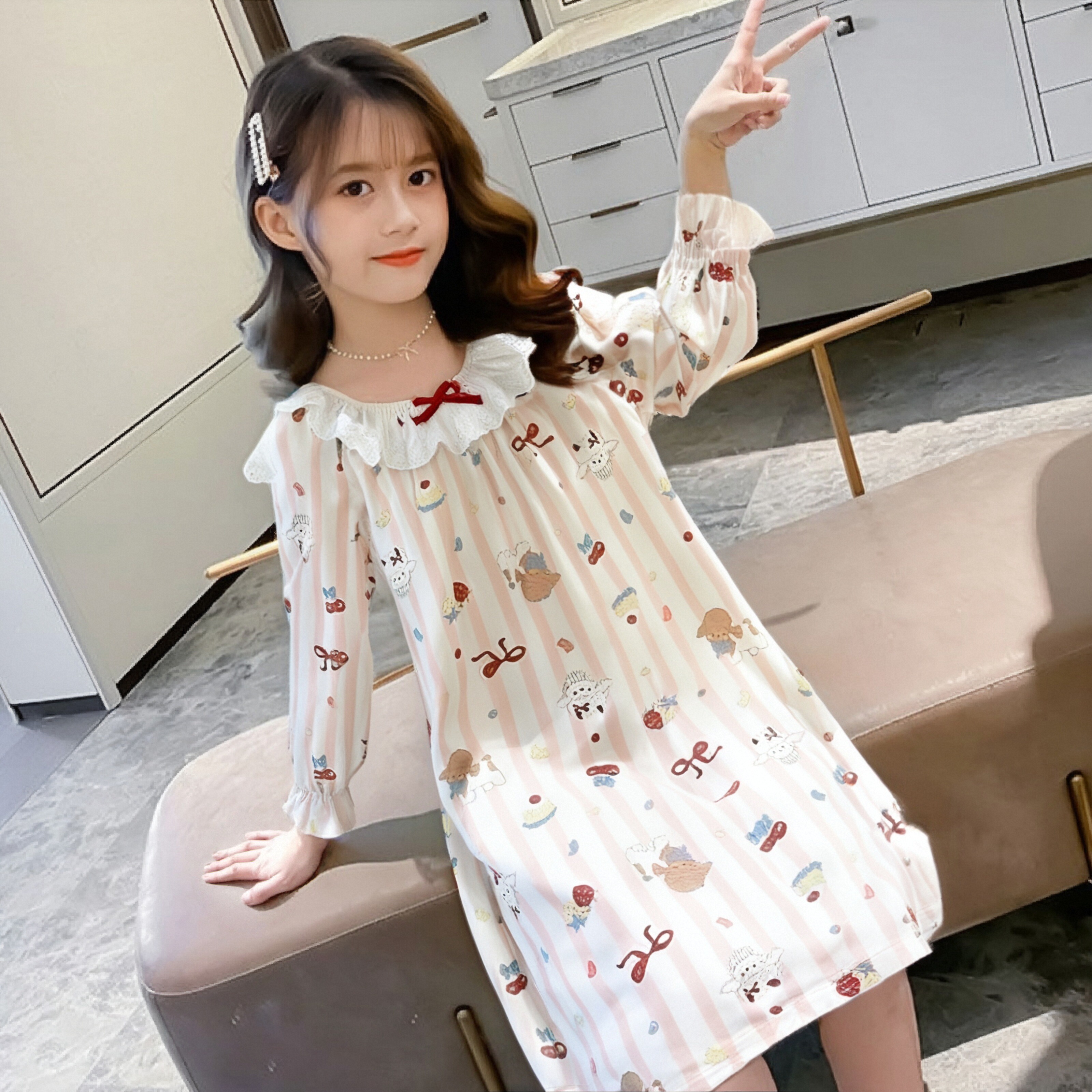 儿童睡裙春秋季新款长袖女童睡衣宽松花边中大童空调裙外穿家居服