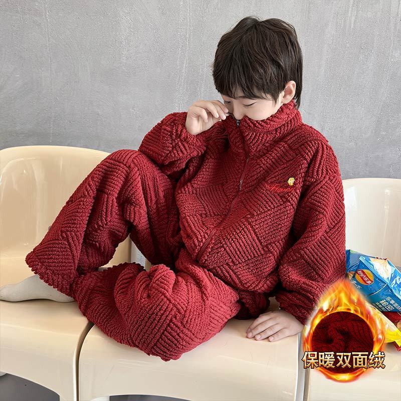 过年红男童秋冬睡衣套装2025新款红色冬季儿童珊瑚加厚保暖家居服