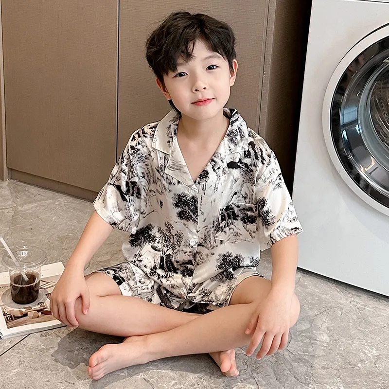 儿童睡衣夏季新款衬衫领冰丝短袖男童家居服套装薄款中大童空调服