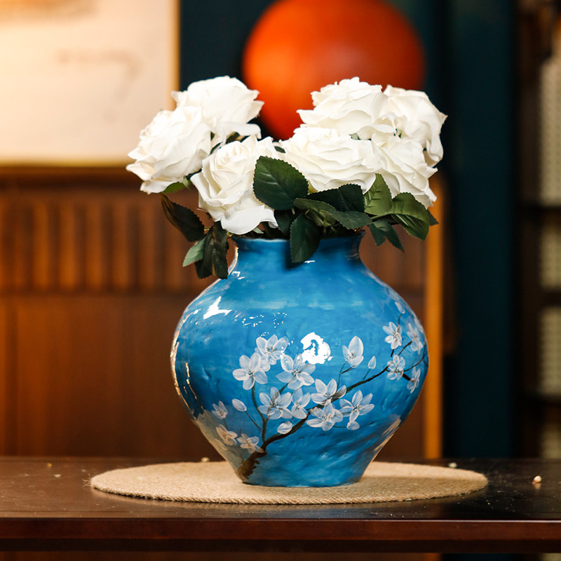 景德镇复古中式陶瓷花瓶蓝色梅花彩绘圆形家居鲜花装饰摆件百搭,家居饰品,花瓶,淘宝优惠券,粉丝福利购,淘宝优惠卷