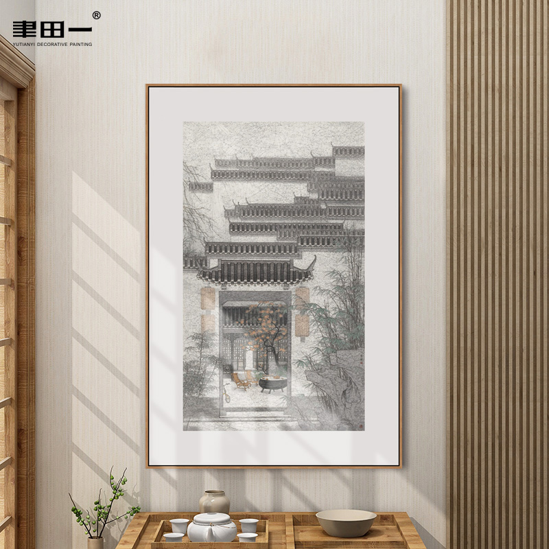 新中式入户玄关装饰画客厅餐厅古典建筑壁画书房禅意茶室艺术挂画图片