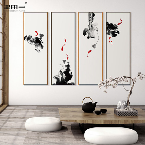 新中式风四联九鱼莲花客厅装饰画