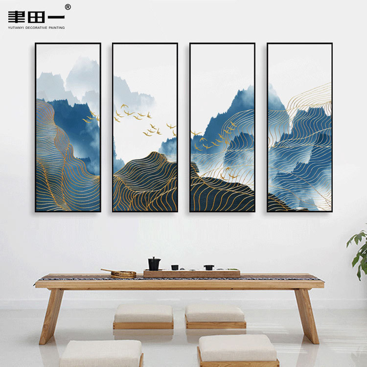 新中式客厅装饰画后现代轻奢沙发背景墙挂画抽象山水壁画几何线条