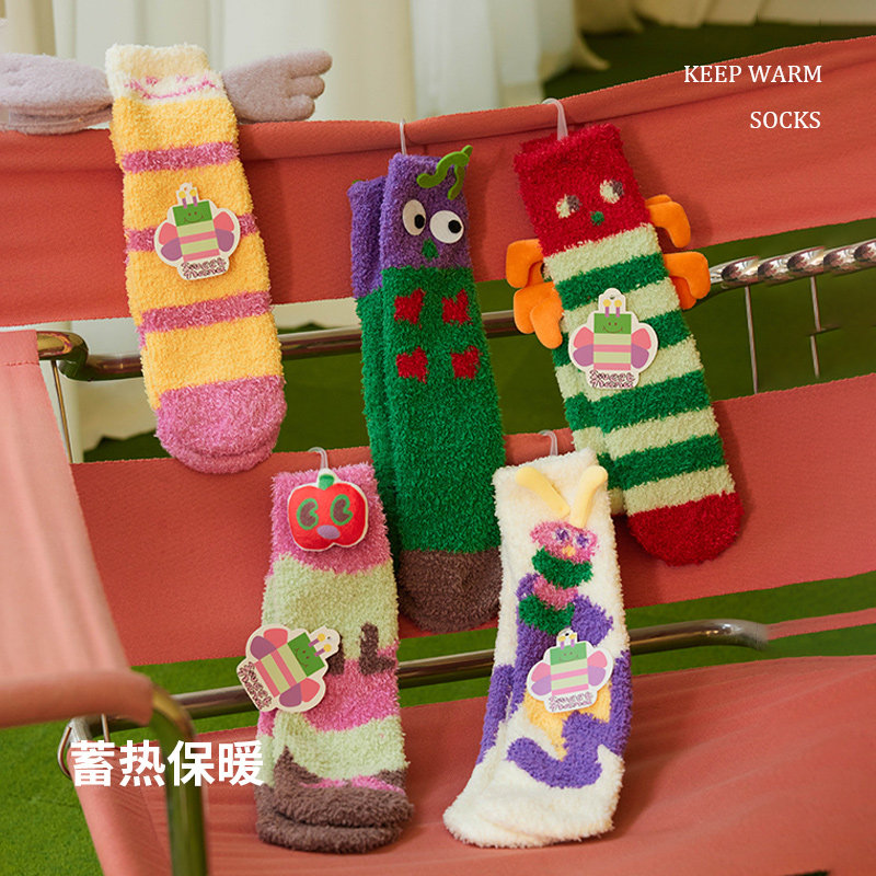 六指鼠圣诞儿童袜子秋冬季加绒加厚保暖亲子袜小孩加长筒珊瑚绒袜