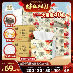 洁云伊甸园抽纸100抽40包立体压花亲肤餐巾纸实惠装 蜂狂双11
