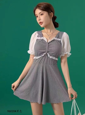 96020式高腰裙式短袖平角裤格子2023年新款修身女孩女生女泳衣