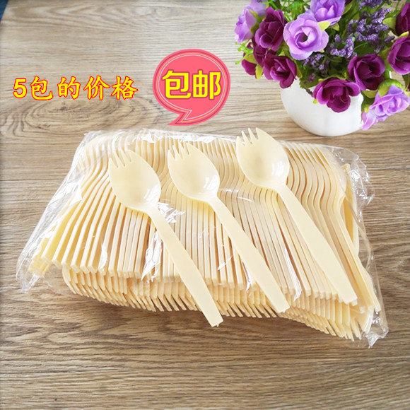 一次性勺子叉子100只塑料叉勺加厚蛋糕甜品勺 叉勺一体 包邮