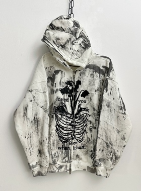 【sharkcolor】remake骷髅系列 手工脏染加绒双拉链连帽开衫外套