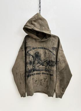 【sharkcolor】remake骷髅系列 vintage复古做旧擦脏加绒连帽卫衣