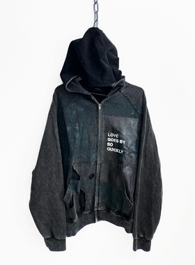 【sharkcolor】手工喷砂擦色破坏设计重磅水洗做旧拉链卫衣连帽衫