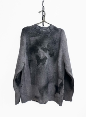 【sharkcolor】手工喷绘蝴蝶设计兔绒舒适保暖针织衫加绒垂感毛衣