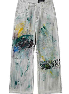 【sharkcolor】手工涂鸦做旧复古美式直筒vintage阔腿脏脏牛仔裤