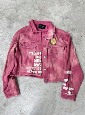 【sharkcolor】remake水洗喷色牛仔粉外套美式复古夹克男女短款