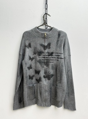 【sharkcolor】remark小众蝴蝶抽象印花 慵懒开衫针织衫拉链外套