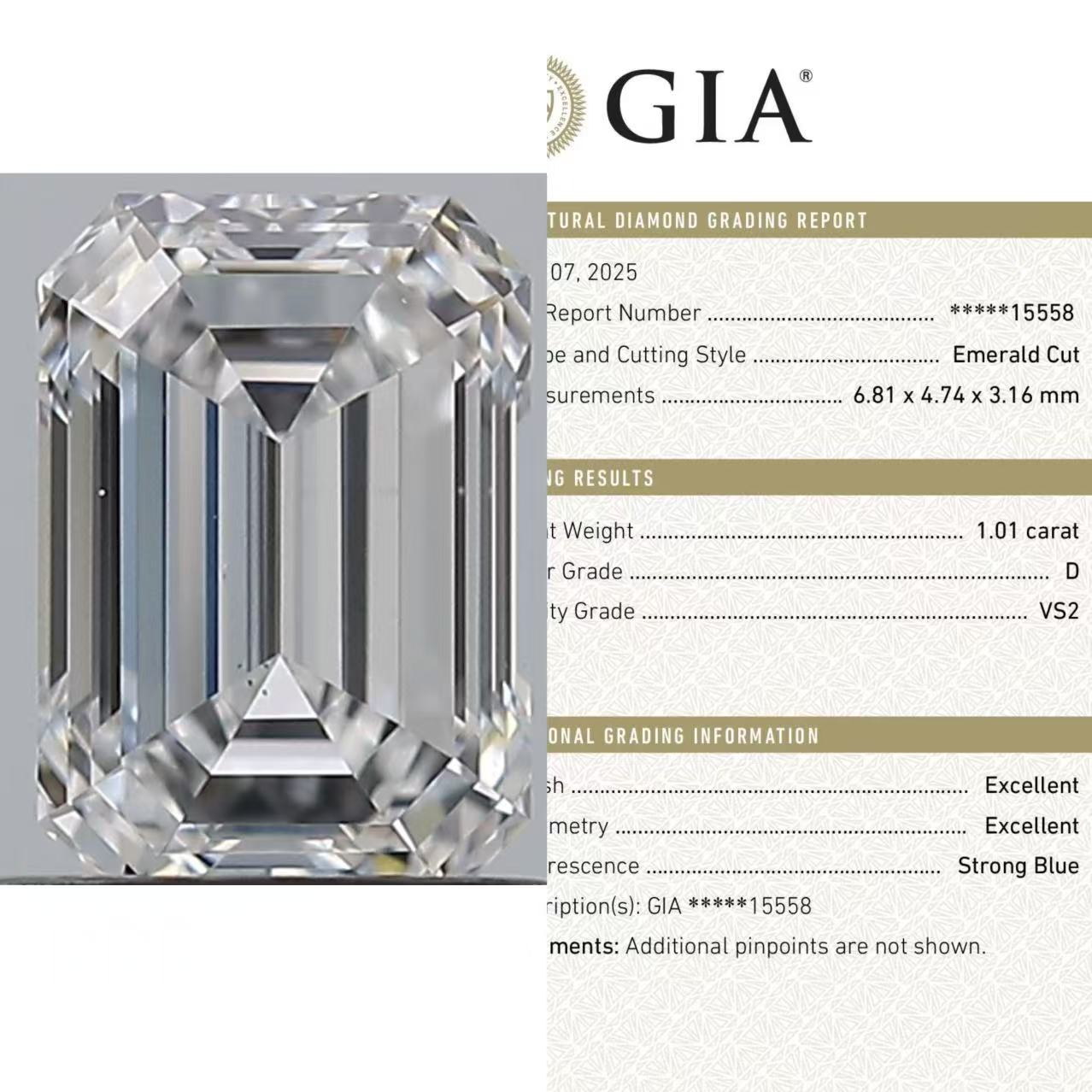 1.01 D VS2祖母绿切 冰糖 GIA 天然钻 非IGI培育 人工钻