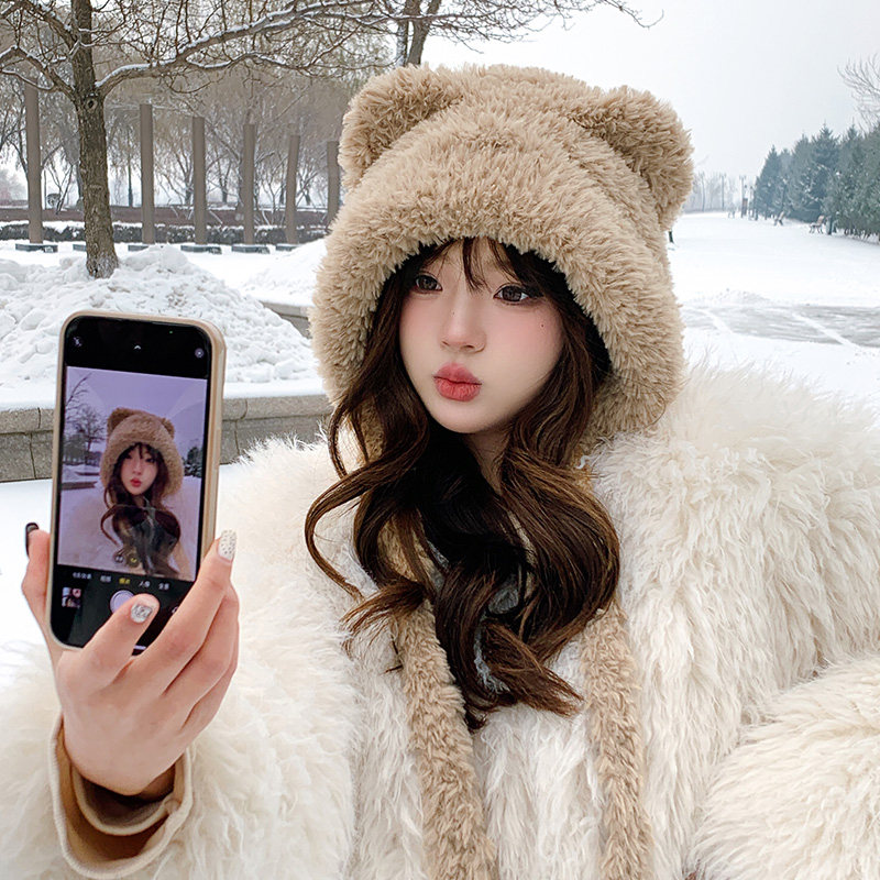 2023新款毛绒小熊雷锋帽显脸小