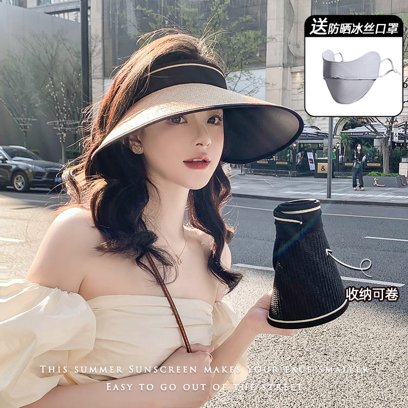 大帽檐夏季防紫外线空顶防晒帽女太阳帽子遮阳草帽遮脸可折叠草编