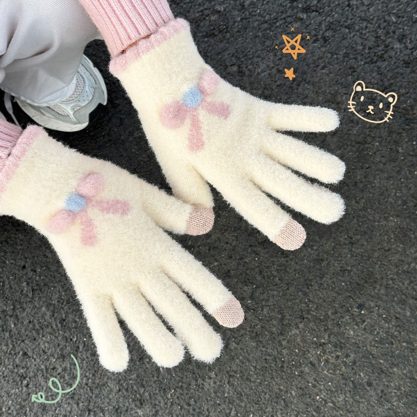 蝴蝶结毛线手套女秋冬季骑行防风防寒加厚保暖可触屏全指针织冬天