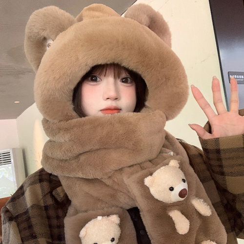 明星同款可爱小熊帽子围巾一体