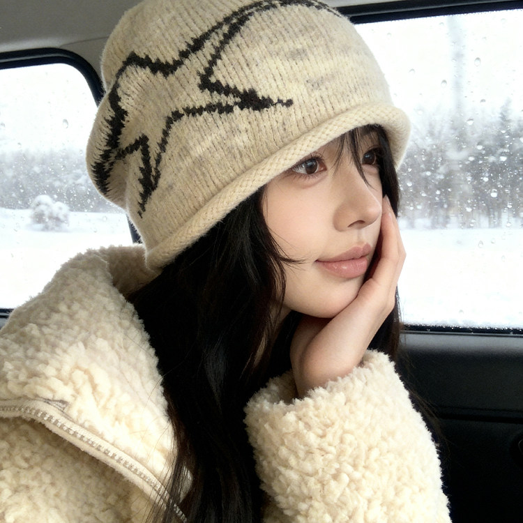 大头围针织毛线帽子女秋冬季包头宽松显脸小百搭加厚保暖护耳冷帽