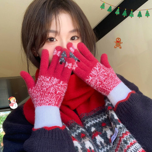 红色毛线手套女冬季骑行保暖防寒