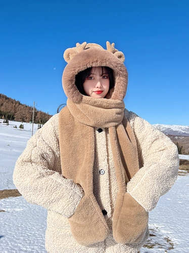 Милая удерживающая тепло шапка, шарф с капюшоном, демисезонные зимние перчатки, модный бархатный комплект, с медвежатами, 3 предмета