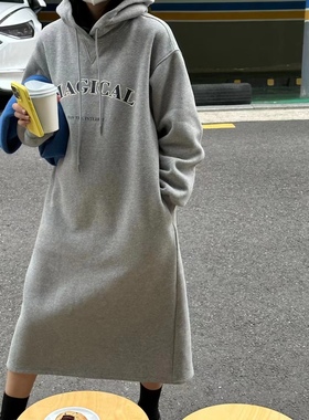十三行acme ground连帽加绒卫衣连衣裙2025冬季新韩版显瘦连衣裙