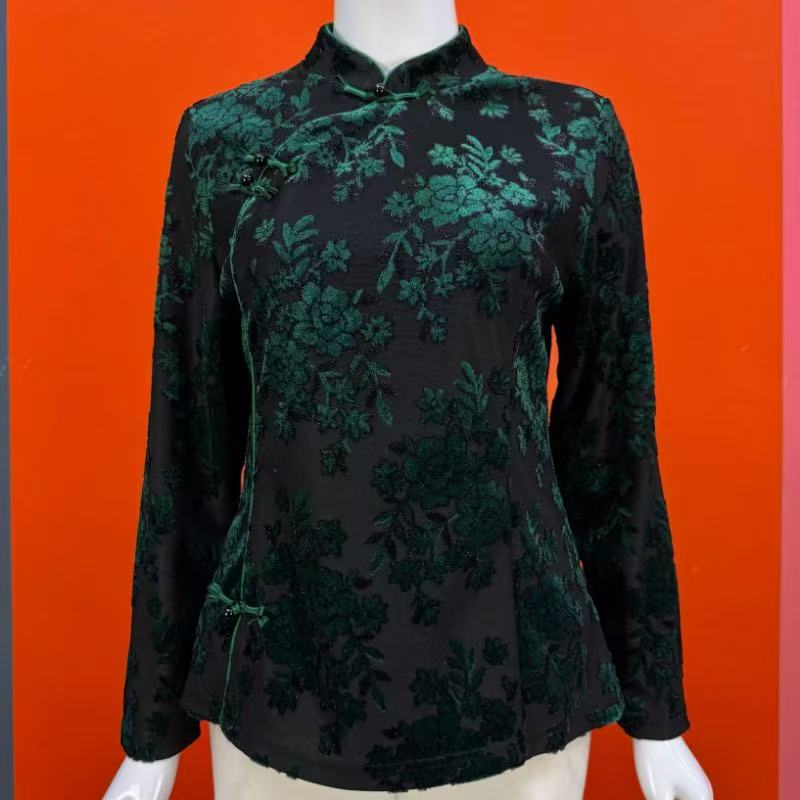 中式长袖旗袍上衣中老年妈妈盘扣