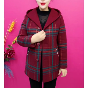 春秋冬款中长款格子大衣洋气百搭加厚中老年女士外套时尚连帽女装