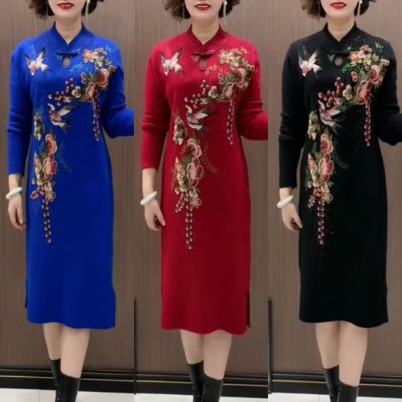 秋冬中式改良绣花旗袍裙喜婆婆