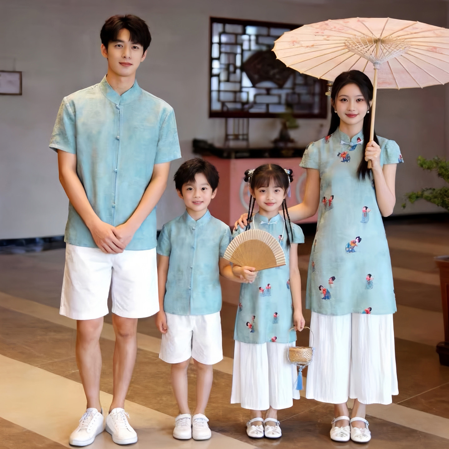 新中式夏季短袖立领亲子旗袍裙