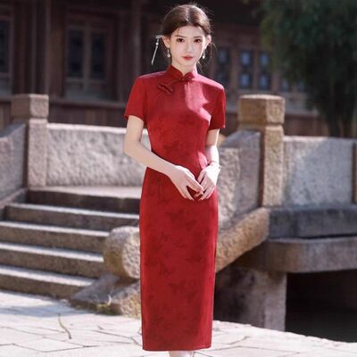 苏瑾新款醋酸女长款红色扣旗袍