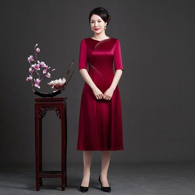 奕雯礼服婚宴新款婚礼改良酒红色妈妈装旗袍裙旗袍短袖镶钻大码春