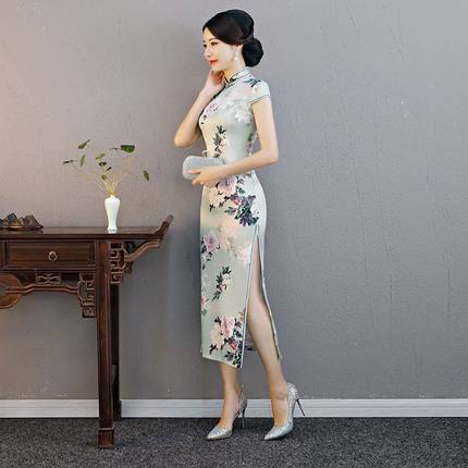 爱旗中式女2024改良旗袍走秀款新款长款传统装双层复古演出服