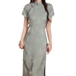 曼玉外套书卷气旗袍文艺绿色全开襟提花2024款中式民国年复古旗袍