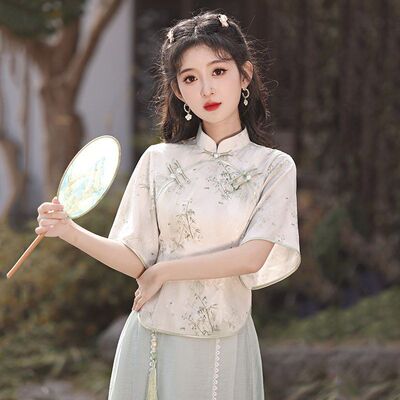 爱旗改良款春夏旗袍上衣短袖装裙年轻复古日常中国风新中式两件套