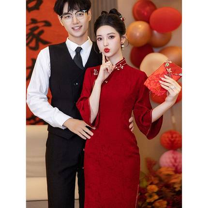 洛士订婚秋冬季长袖礼服裙中式当天结婚红色便装新娘旗袍敬酒服倒